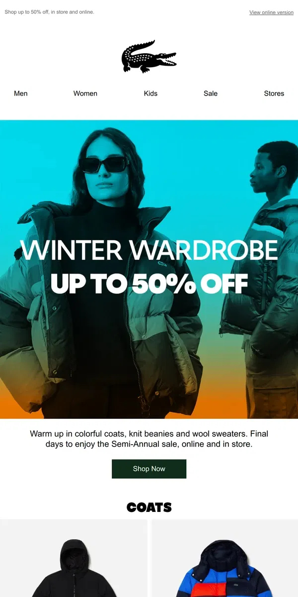 Email from Lacoste. LAST CHANCE Winter Styles on Sale