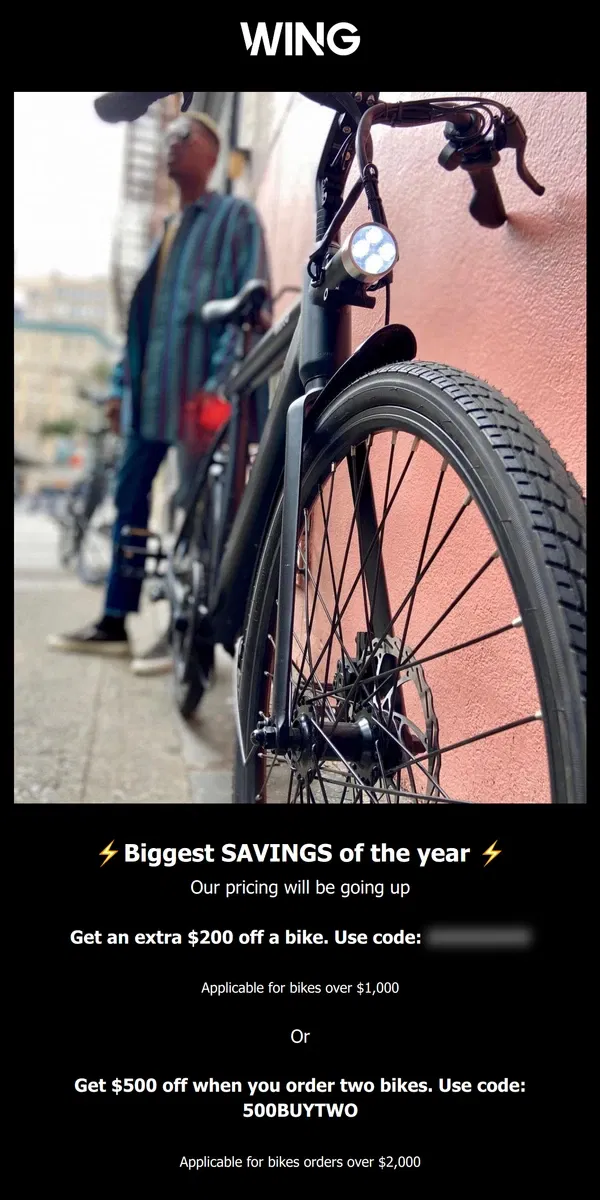 Email from Wing Bikes. Biggest SAVINGS of the year