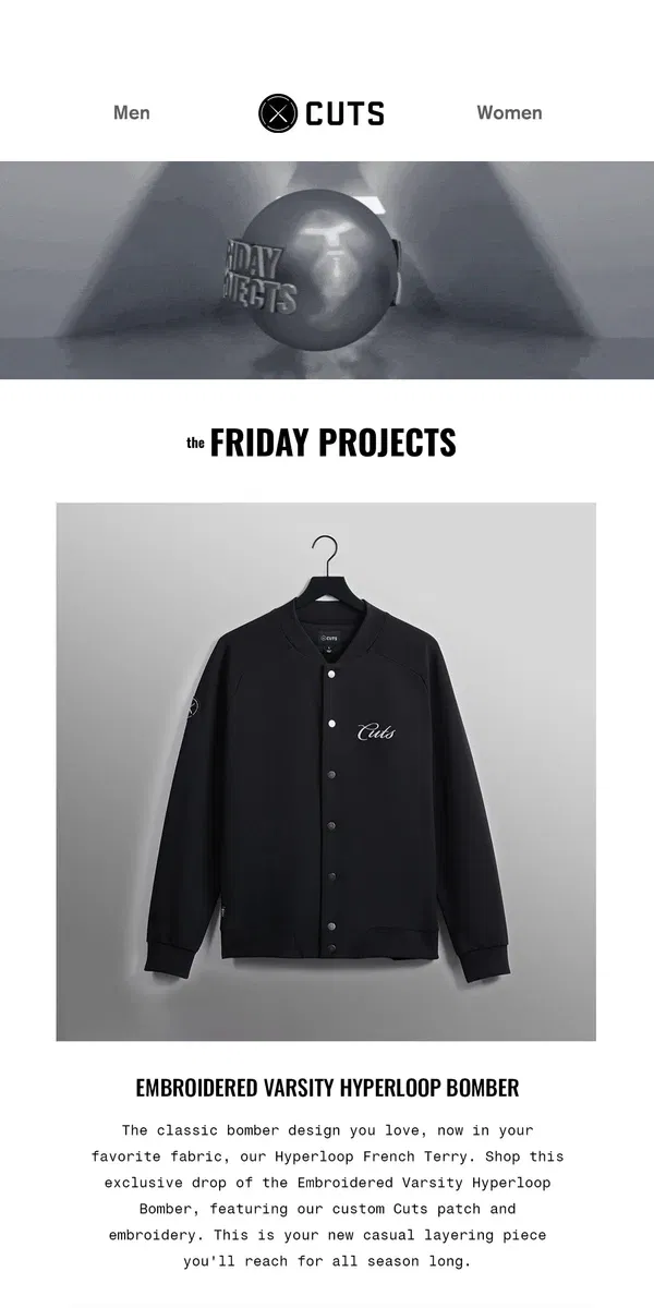 Email from Cuts. NEW RELEASE: Embroidered Varsity Hyperloop Bomber