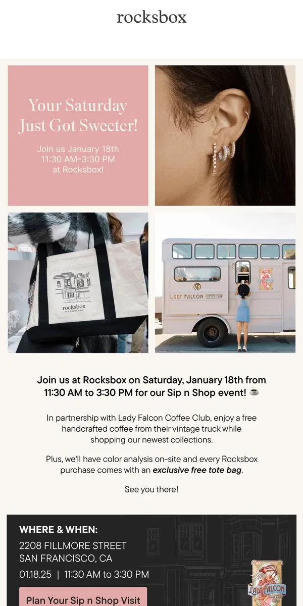 Email from Rocksbox. ☕ Come Sip, Shop, & Score a Free Tote!