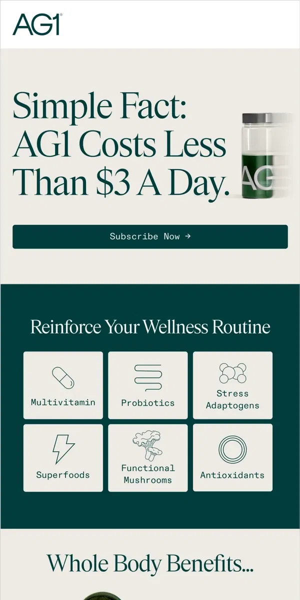 Email from AG1 by Athletic Greens. Foundational Nutrition for less than $3/day