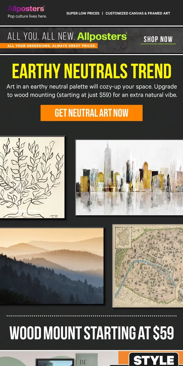 Email from AllPosters. Go for art in earthy neutrals