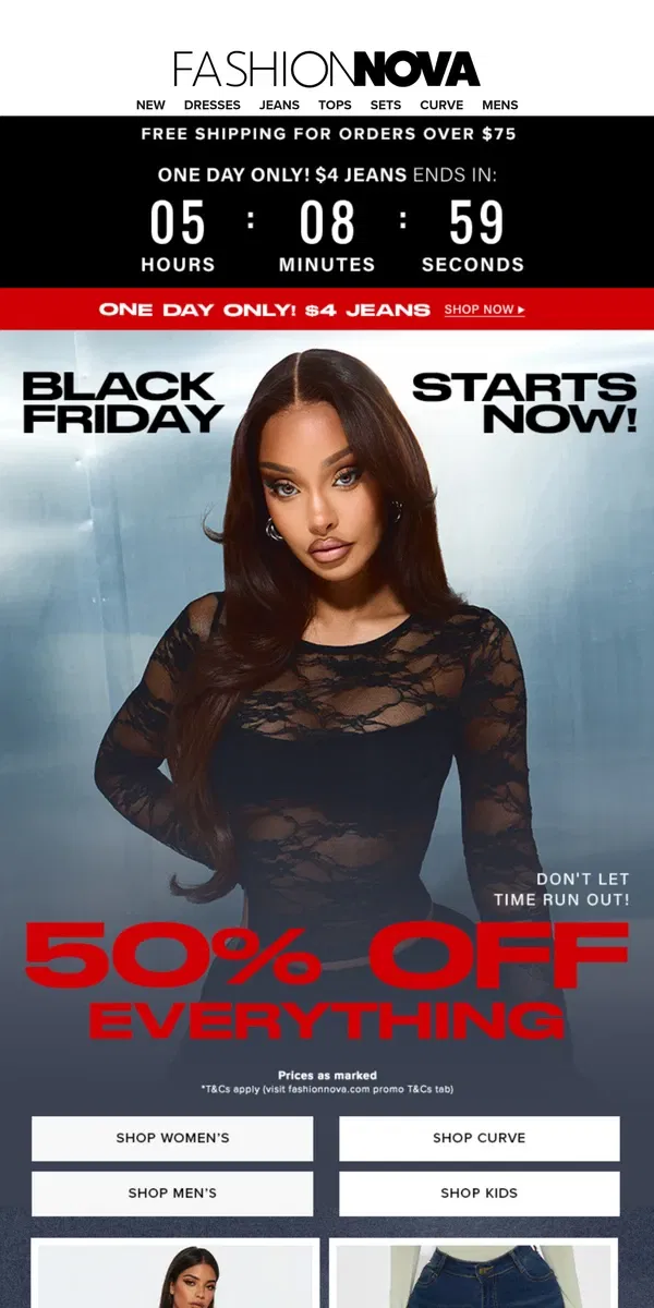 Email from Fashion Nova. 50% Off Everything⏳Time Is Running Out!