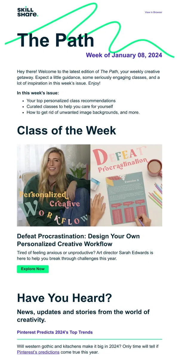 Email from Skillshare. The Path: Issue 007 - Defeat procrastination, explore Procreate Dreams™, and 2024 trends.