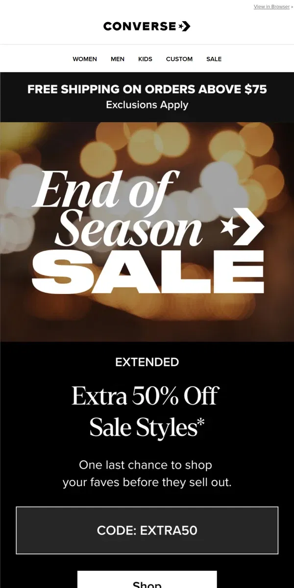 Email from Converse. EXTENDED: Extra 50% OFF sale styles