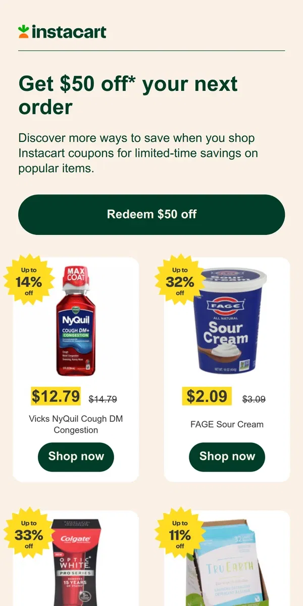 Email from Instacart. 🎉 Get $50 off your first order!