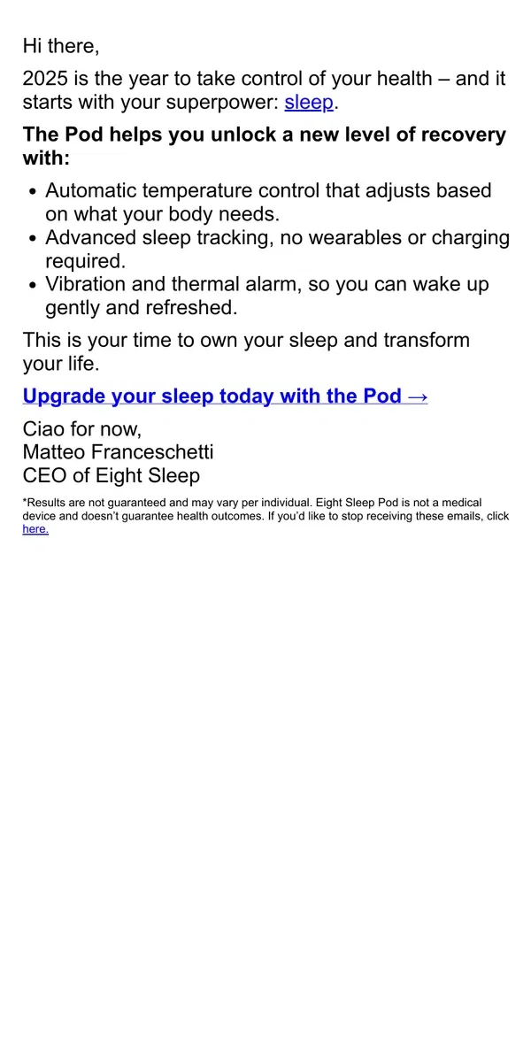 Email from Eight Sleep. Wake up ready to win every day