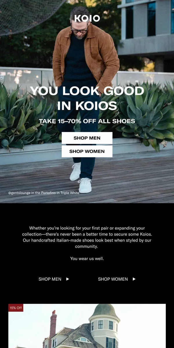 Email from Koio. 15–70% off all our shoes