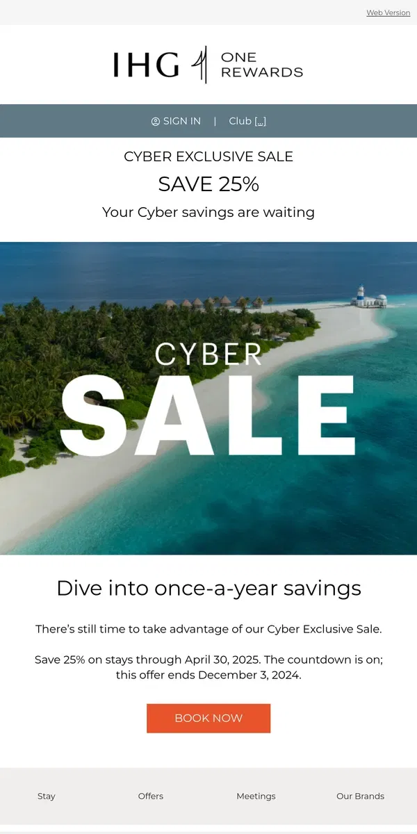 Email from IHG Hotels & Resorts. [Name], there’s still time for Cyber savings