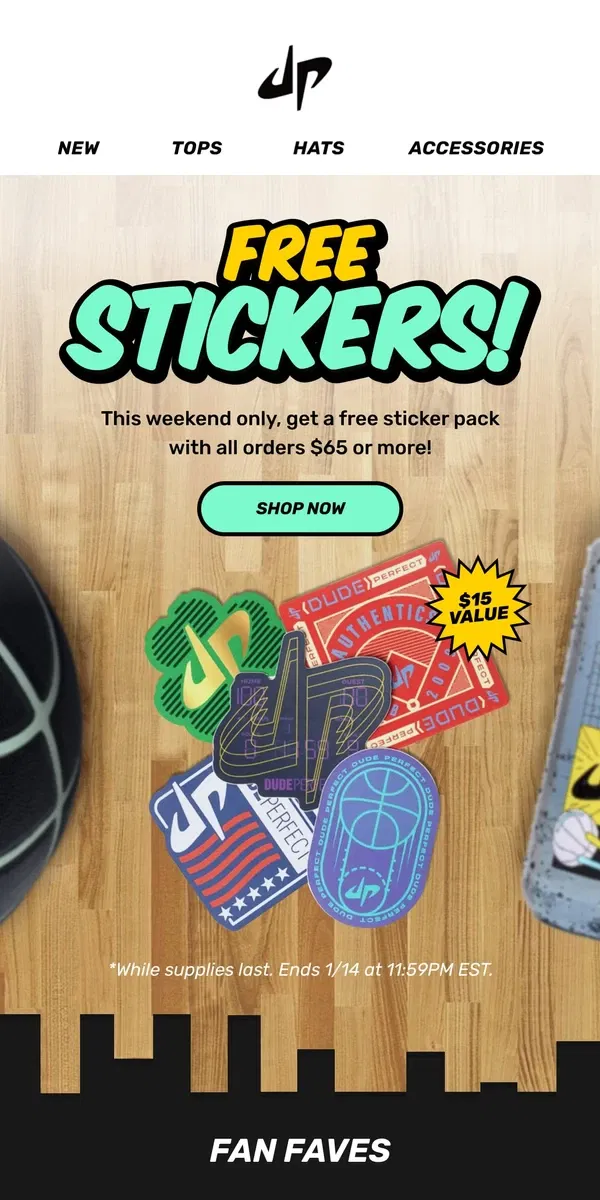 Email from Dude Perfect. FREE Sticker Packs!