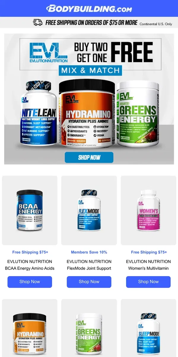 Email from Bodybuilding.com. More Power, More Value! Buy 2 EVL, Get 1 Free Today!