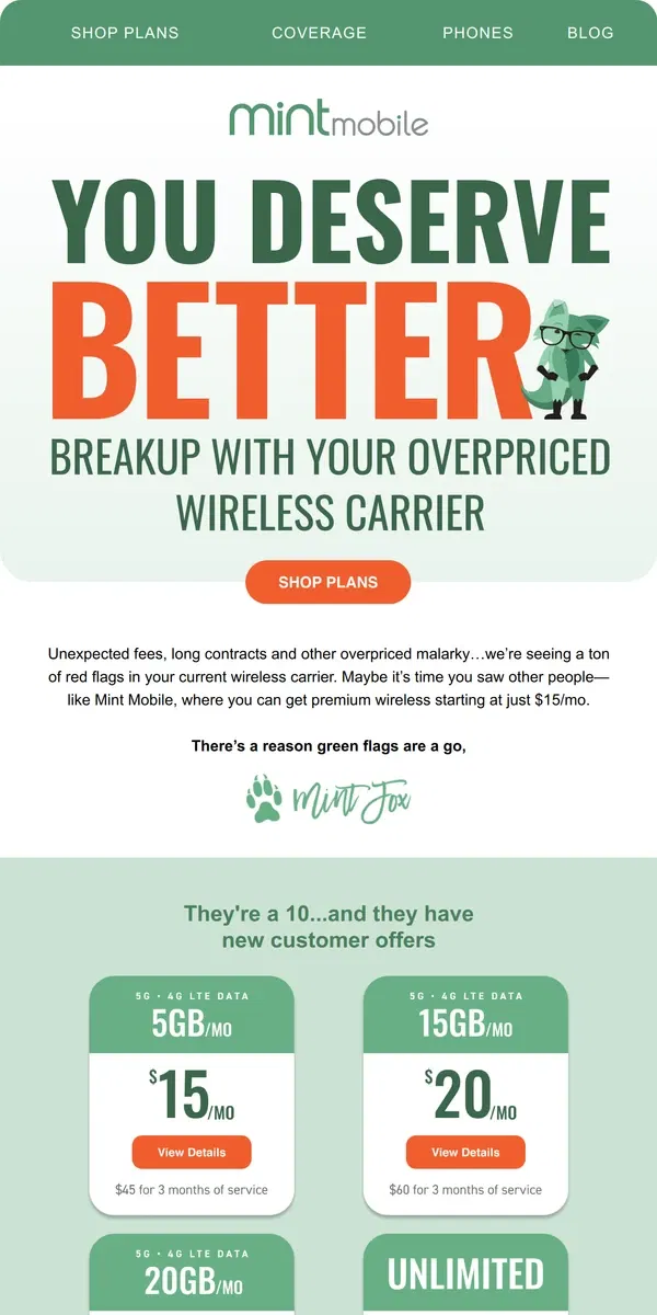 Email from Mint Mobile. Is your current wireless carrier giving you the ick?