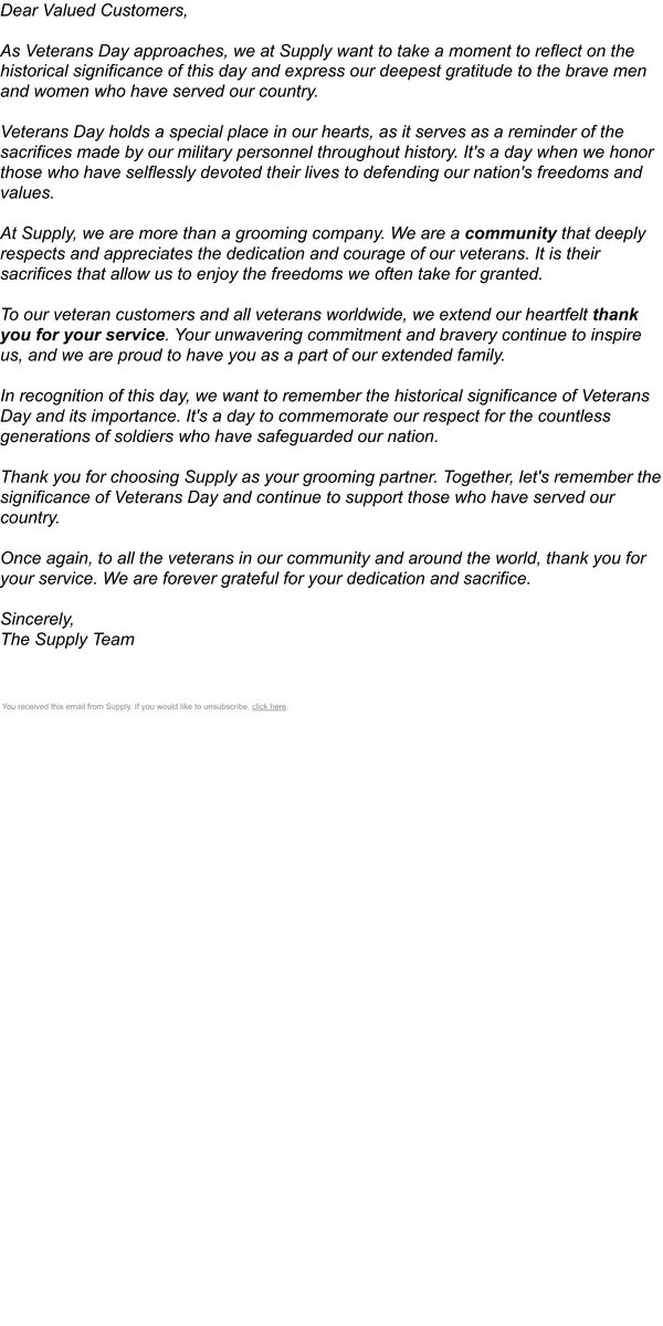 Email from Supply. Dear Valued Customers