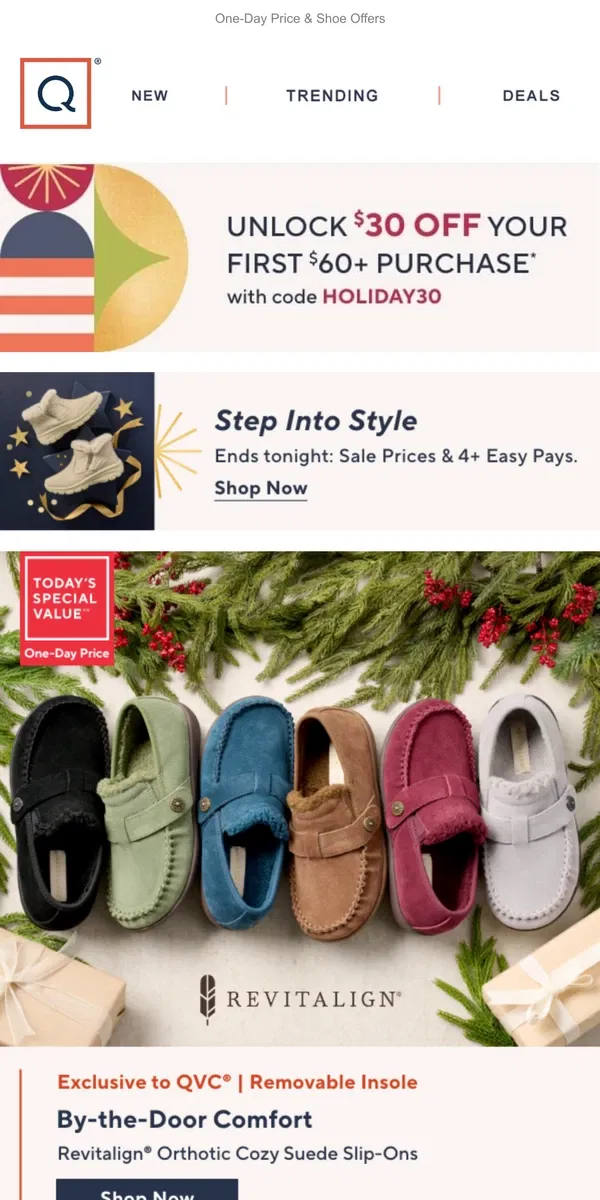 Email from QVC. Take $30 Off + Chilly-Season Slip-Ons