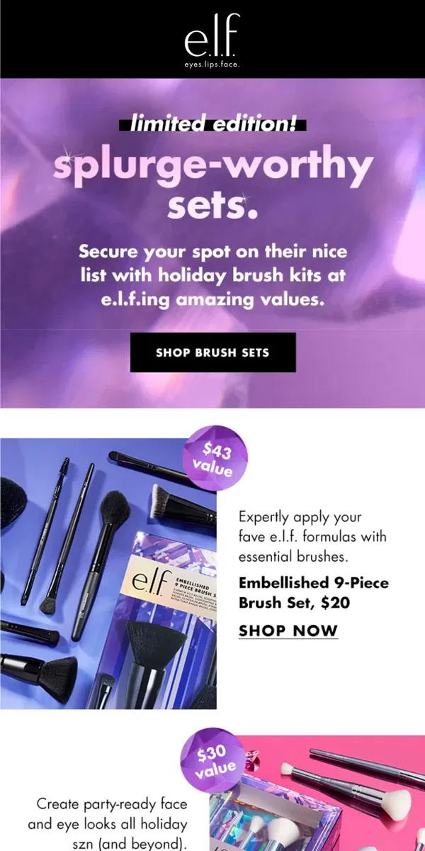 Email from e.l.f.. NEW! Splurge-worthy brush sets