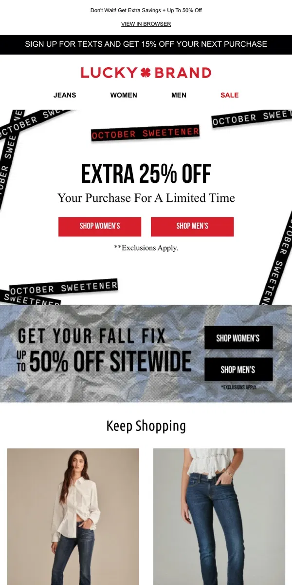 Email from Lucky Brand. ⏳ ENDS TOMORROW! Extra 25% Off Your Order