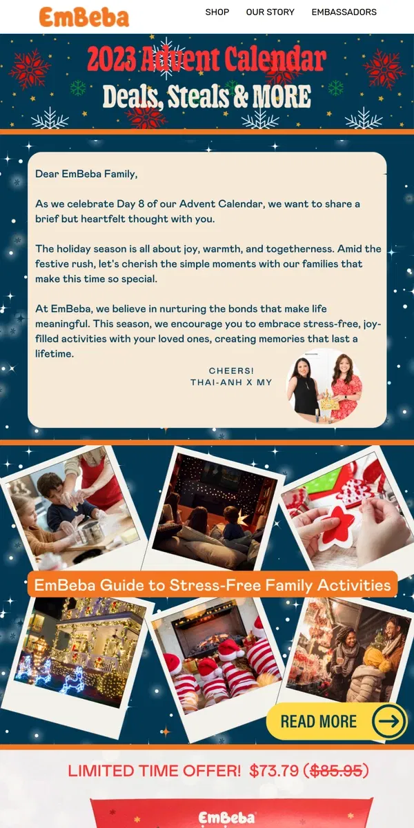 Email from EmBeba. 🎄 Day 8 Advent Fun: EmBeba's Guide to Stress-Free Holiday Activities! 🌟