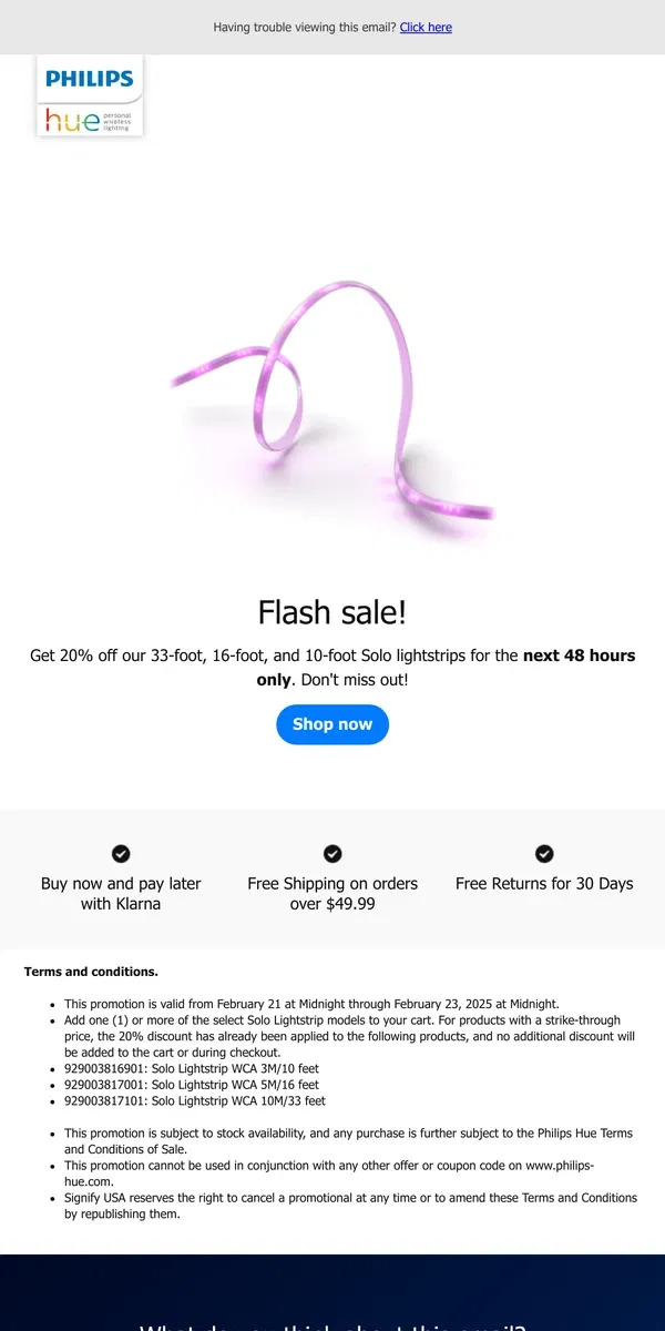 Email from Philips Hue. Flash sale! Brighten up your space: 20% off select lightstrips