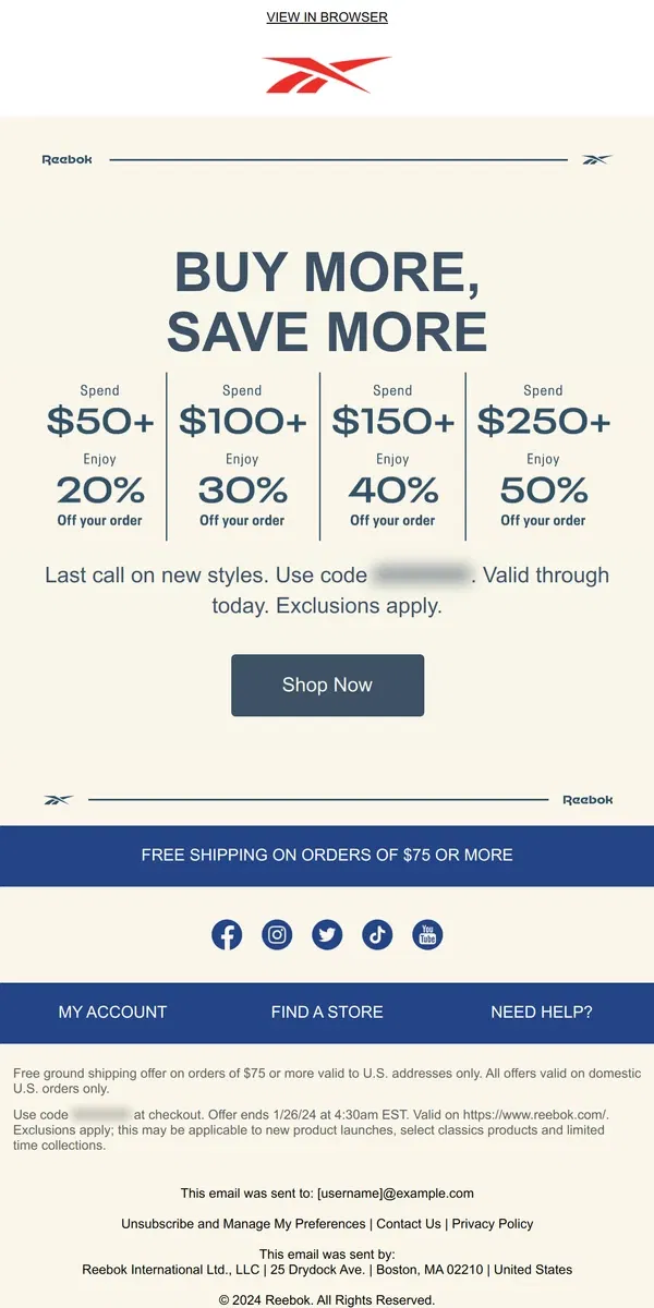 Email from Reebok. LAST CHANCE: Get up to 50% off