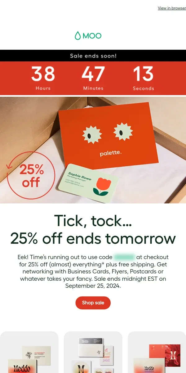 Email from MOO. ⏳ Our September Sale is ticking away…