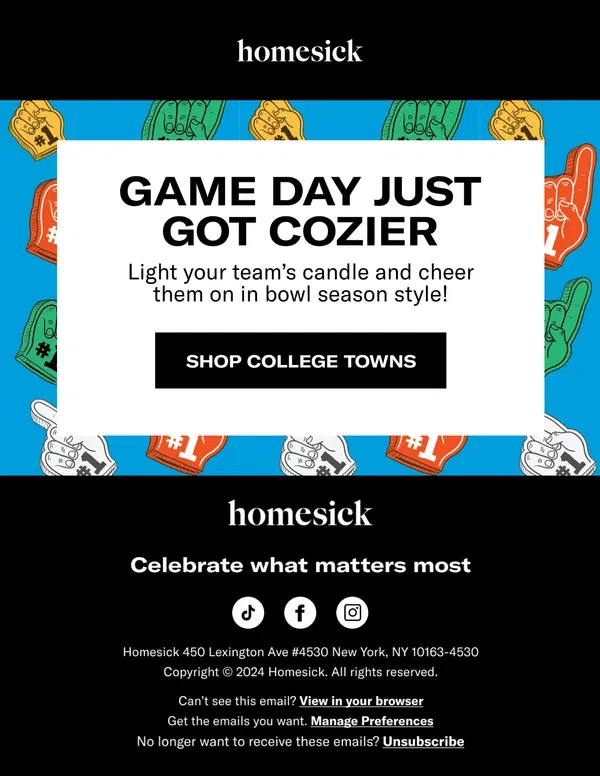 Email from Homesick Candles. Bring home your school spirit. 📣