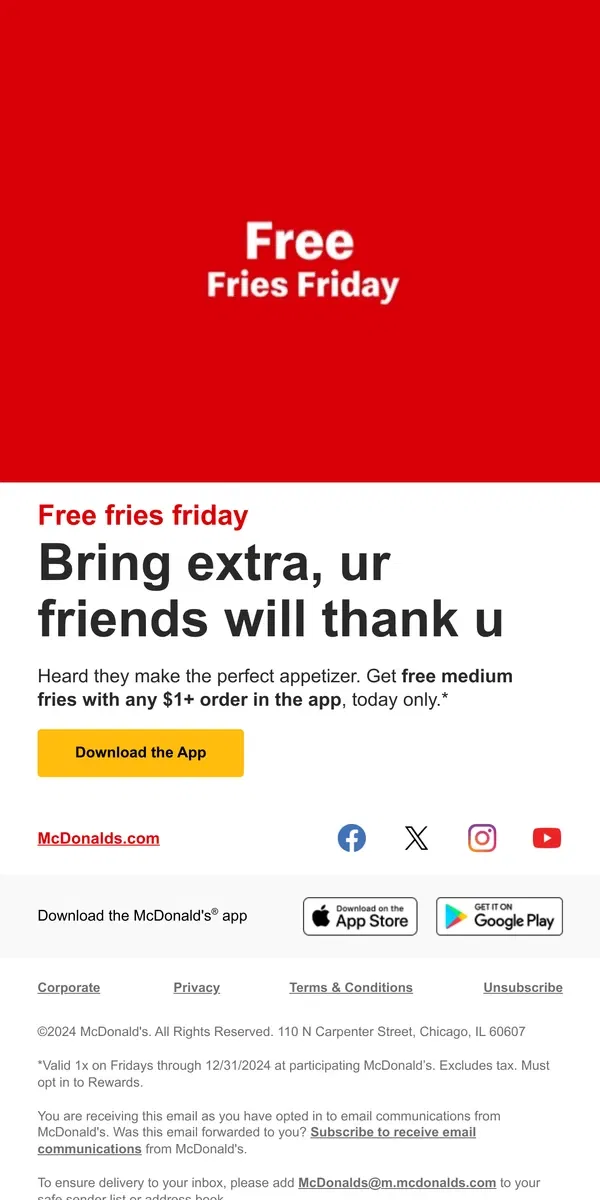 Email from McDonald's. free fries friendsgiving 🍟