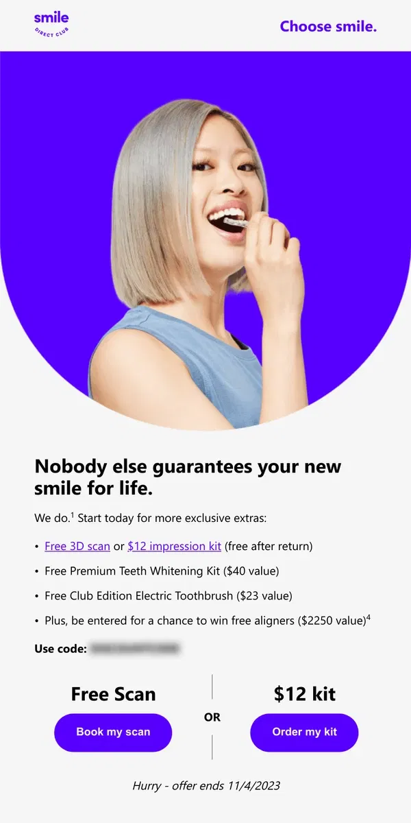 Email from SmileDirectClub. We guarantee your smile for life. Seriously.