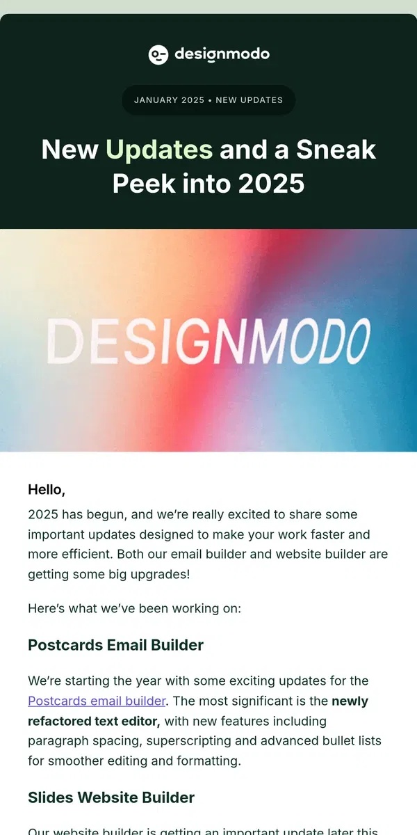 Email from Designmodo. New Updates and a Sneak Peek into 2025