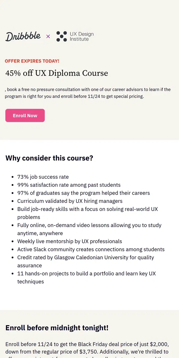 Email from Dribbble. LAST CHANCE! 45% off UX Diploma Course