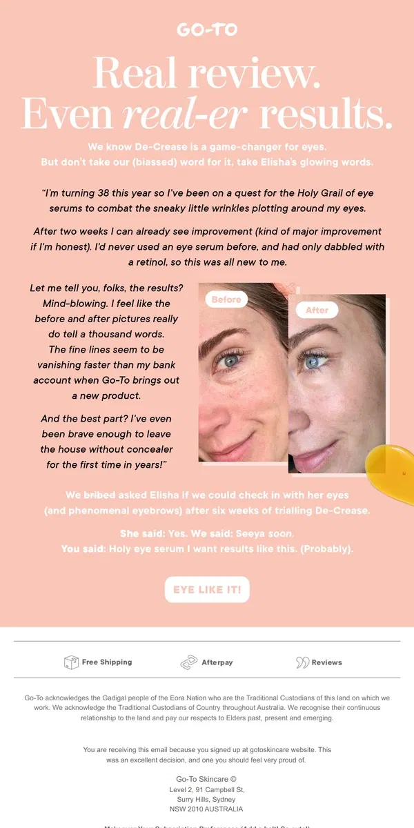 Email from Go-To Skin Care. Rave Review + De-Crease.