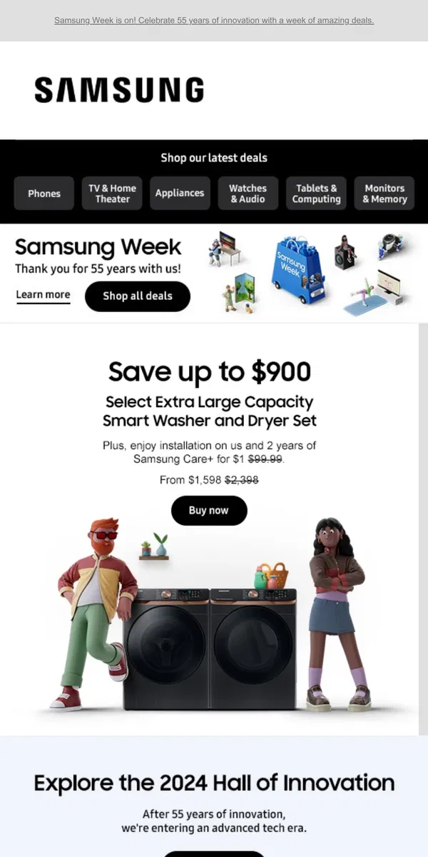 Email from Samsung. [Name], start living smart with Bespoke AI. Save up to $1,480 today.