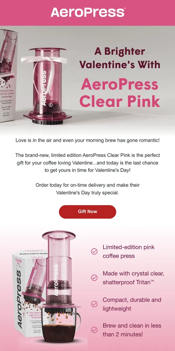 Email from AeroPress. New AeroPress Clear Pink 💘