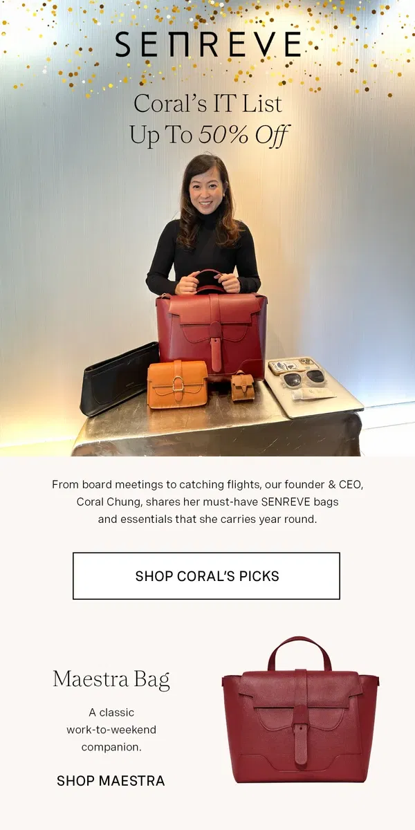 Email from Senreve. Our founder’s bag obsessions