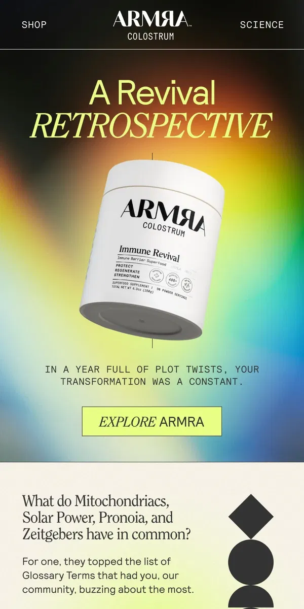 Email from ARMRA Colostrum. A 2024 Glossary Throwback