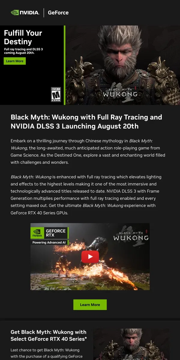 Email from NVIDIA. Black Myth: Wukong with Full Ray Tracing and NVIDIA DLSS 3 Launching August 20th.