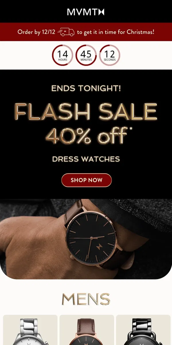 Email from MVMT. Ends Tonight: 40% off Dress Watches