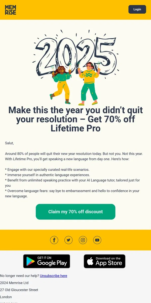 Email from Memrise. Make this the year you didn’t quit your resolution – Get 70% off Lifetime Pro