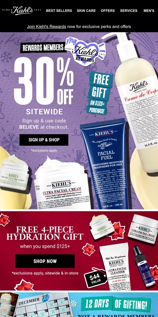 Email from Kiehl's. Today Only: Members Get 30% OFF SITEWIDE! Code Inside for Your Extra Discount🔒