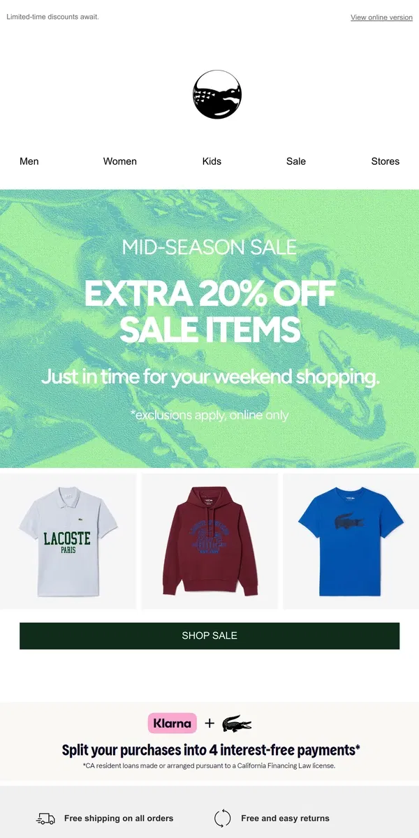 Email from Lacoste. Check It Out: 20% Off Sale Items