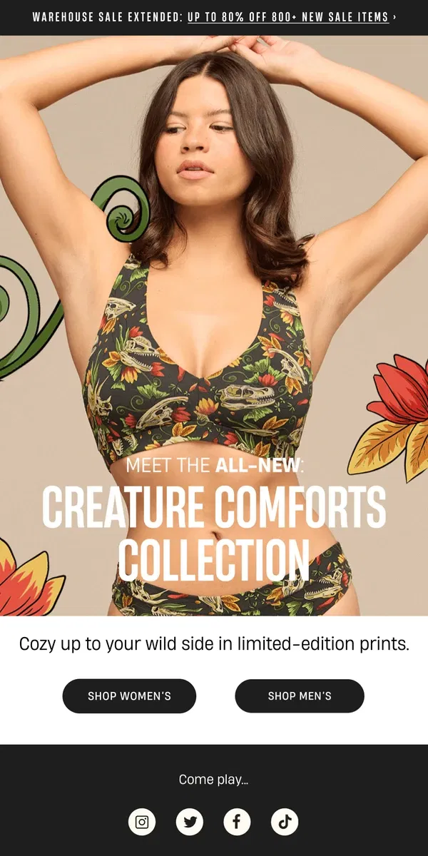 Email from MeUndies. NEW Collection: Creature Comforts 🦥 🦖🦈