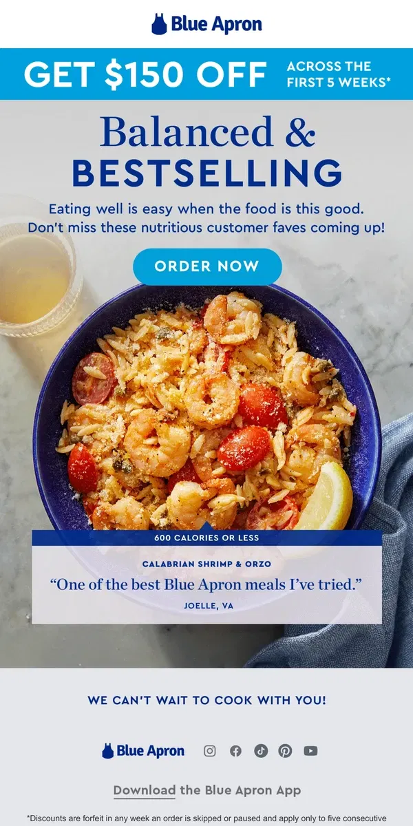 Email from Blue Apron. Have the best of both worlds + Get $150 OFF!