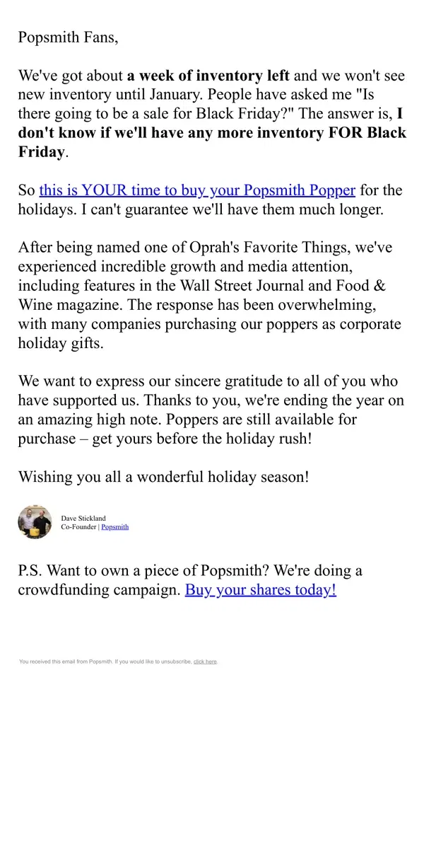 Email from Popsmith. Popsmith Is About To Sell Out! 🍿