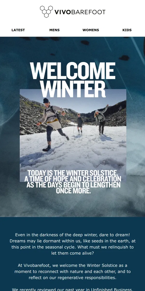 Email from Vivobarefoot. Wishing you a warm Winter Solstice