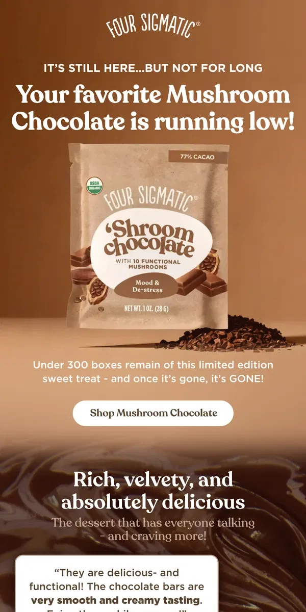 Email from Four Sigmatic. Indulge Now - Our Chocolate Won’t Last