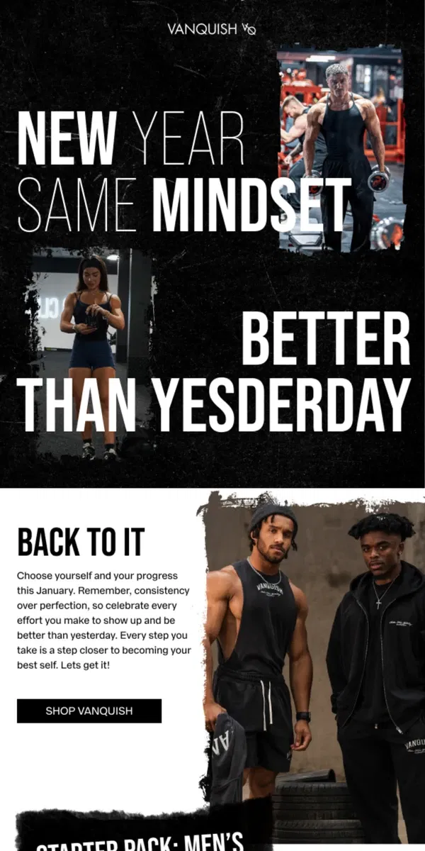 Email from Vanquish Fitness. Consistency instead of perfection 💪