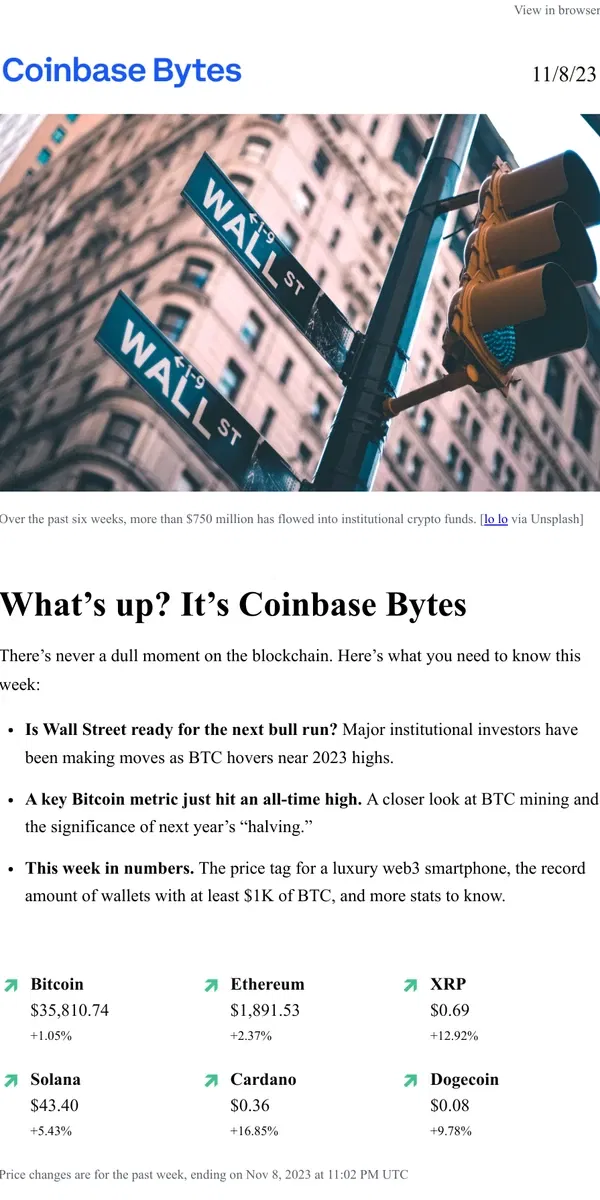 Email from Coinbase. A key BTC metric just hit a new high