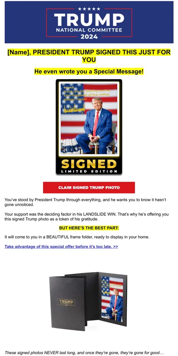 Email from Donald J. Trump. [Name], where are you putting your signed Trump photo?