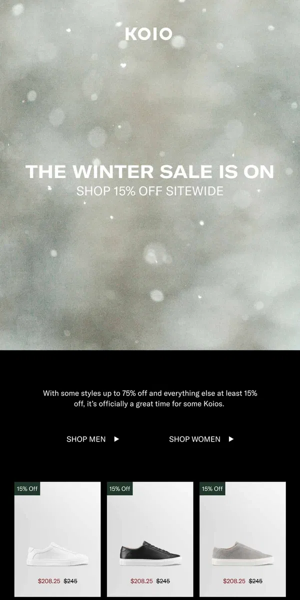 Email from Koio. 15% off sitewide + up to 75% off last-call items