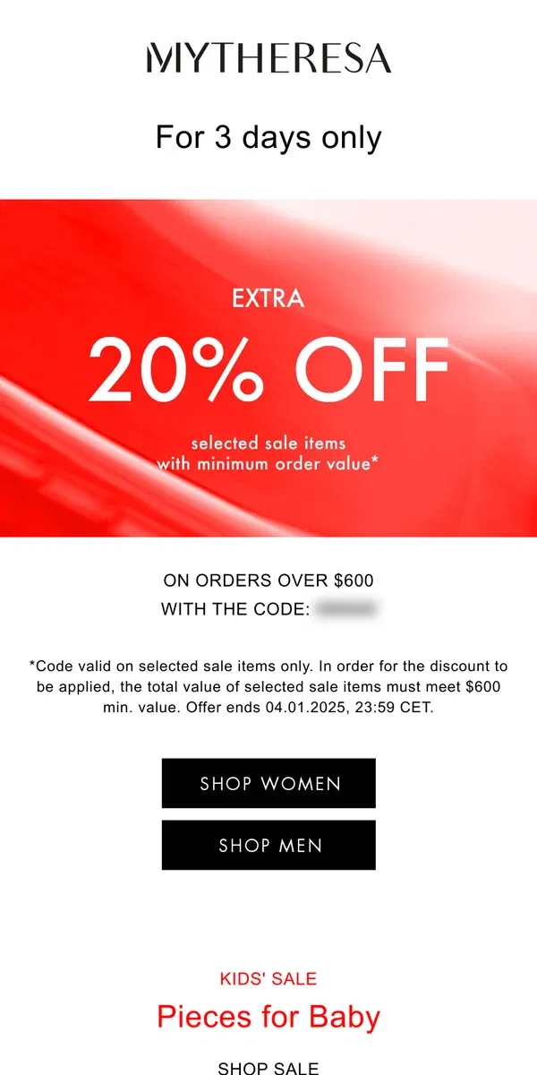 Email from Mytheresa. Sale on sale: Extra 20% off selected styles