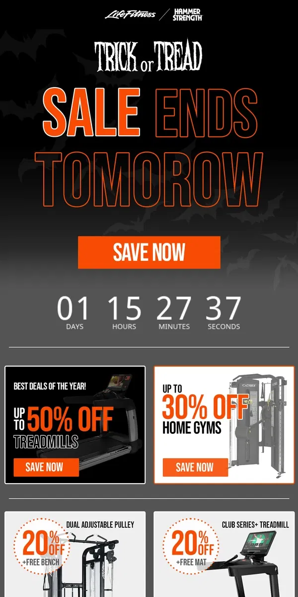 Email from Life Fitness. Only 1 Day Left - Save Now on Premium Treadmills and Functional Trainers